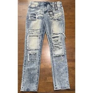 NEW Encrypted Distressed Skinny Fit Denim Jeans Mens Size 34 X32 Medium Tint